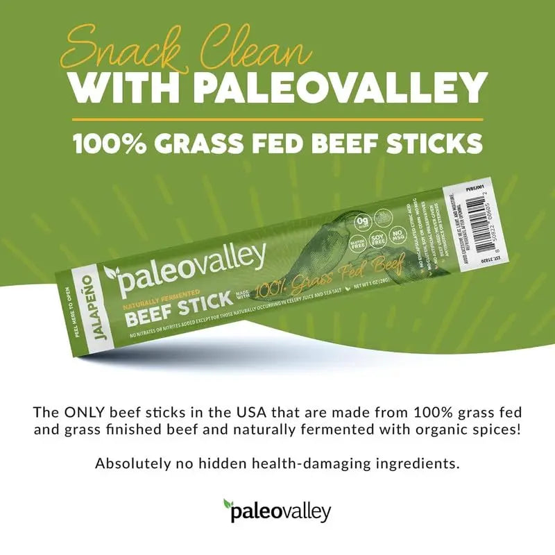 Paleovalley 100% Grass Fed Jalapeno Beef Sticks - Delicious Gluten Free Beef Snack - High Protein Keto Friendly Paleovalley Au supplements