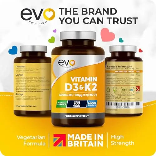 Vitamin D3 4000iu & Vitamin K2 100ug (MK7) |180 Vegetarian Tablets | 1-A-Day | 6 Month EVO NUTRITION Au supplements