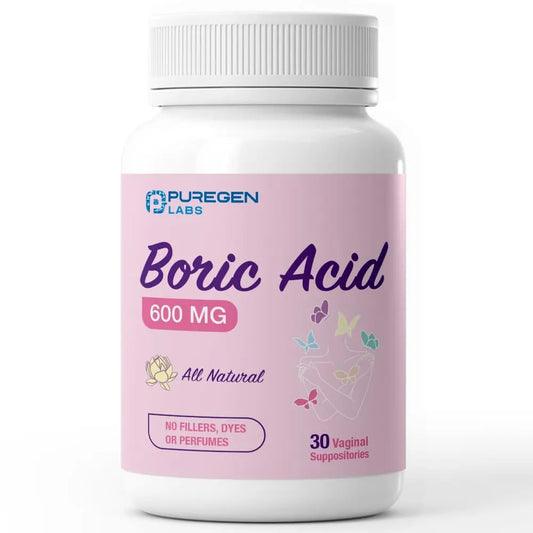 Puregen Labs Boric Acid 600 mg Vaginal Suppositories - 100% Pure | All Natural Without Dyes or Fillers | Made in USA - Supports Vaginal pH Balance and Odor Control (30 Count) P Puregen LabsAU supplements