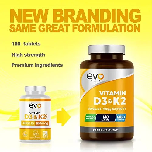 Vitamin D3 4000iu & Vitamin K2 100ug (MK7) |180 Vegetarian Tablets | 1-A-Day | 6 Month EVO NUTRITION Au supplements