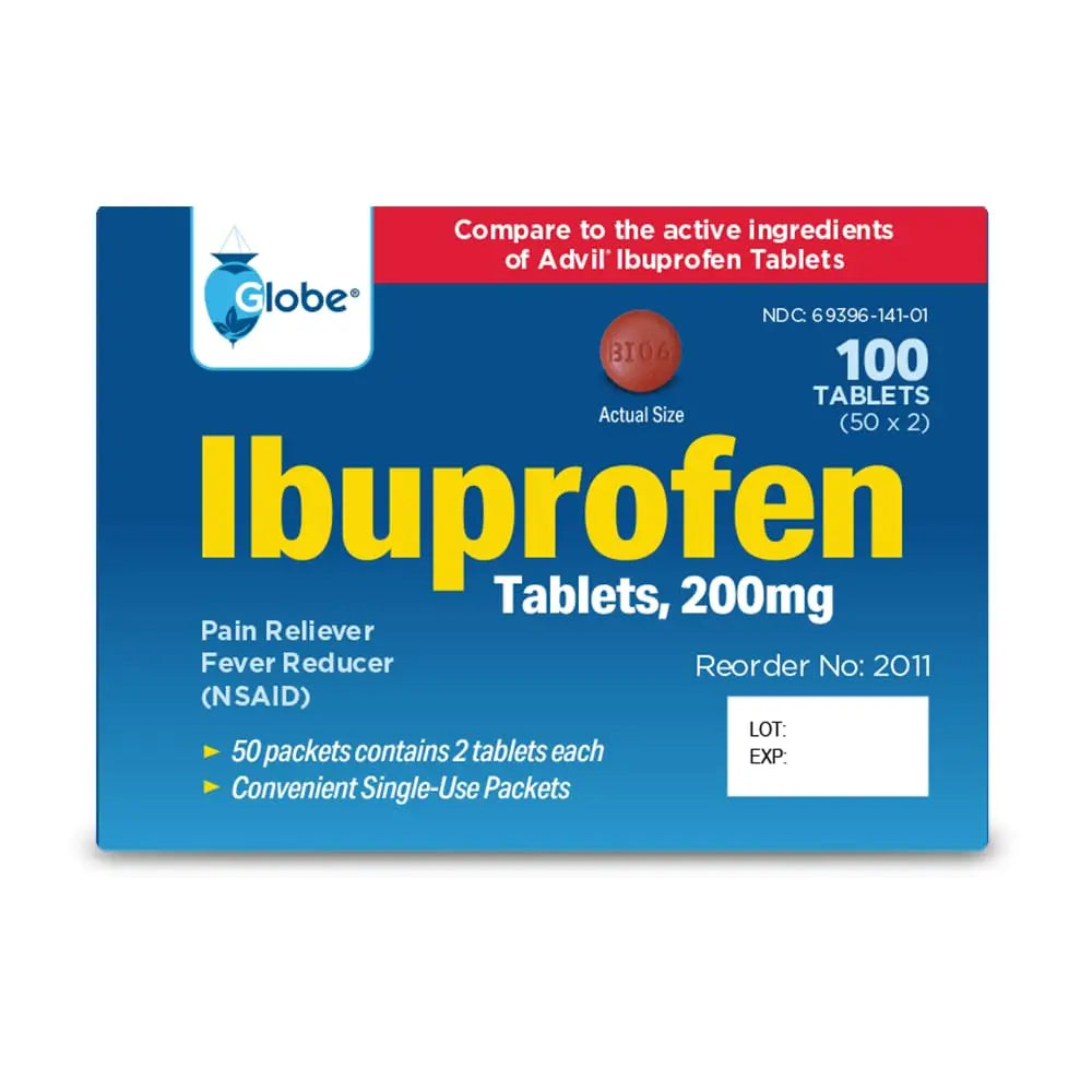 Globe Ibuprofen Tablets, 200 mg, Pain Reliever and Fever Reducer, for Headache, Muscular Aches, Arthritis, Backache and More 50 Packets of 2 Tablets Each,100 Tablets Trifecta Pharmaceuticals USA Au supplements