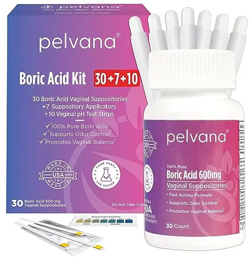 Pelvana Boric Acid Suppositories for Women 30 + 7 Applicators + 10 pH Test Strips PelvanaAU supplements