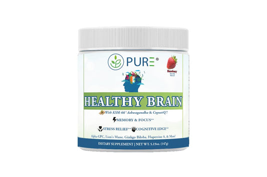 PURE® Healthy Brain Nootropic Powder - 30 Servings - 1.25g Lion’s Mane, 600mg Alpha-GPC & KSM-66® Ashwagandha - Cognitive Support for Memory, Focus & Stress Relief - 147 Grams, Strawberry Flavor! PUREAu supplements