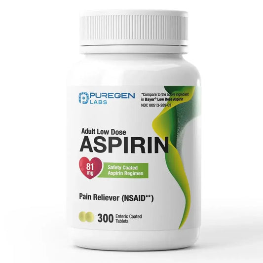 Puregen Labs Aspirin 81 mg Low Dose (NSAID) – 300 Enteric Coated Tablets P Puregen LabsAU supplements