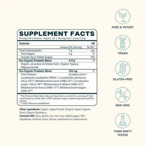 Ora Organic Prebiotic and Probiotic Powder Supplement - 20 Billion Probiotics, 7 Strains for Best Prebiotic Powder, Non-GMO, Probiotics for Women, Men & Kids - Apple Raspberry Flavor, 30 Servings… Ora Organic Au supplements