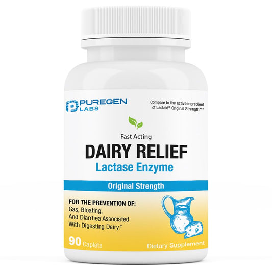 Puregen Labs Dairy Relief Natural Fast Acting Lactase Enzyme 3000 FCC, Lactose Intolerance Pills 90 Caplets P Puregen LabsUS supplements