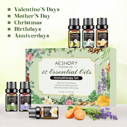 Essential Oils Set - 12 Pcs Aromatherapy Essential Oil Kit for Diffuser, Humidifier, Aromatherapy, Massage AeshoryUS supplements