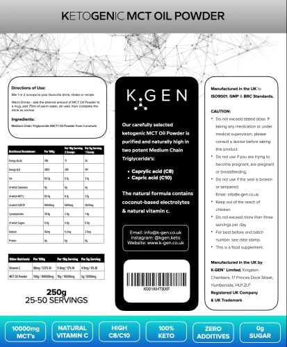 Keto MCT Oil Powder Pure Coconut MCT Keto Coffee Creamer | Premium Quality C8 Easily Absorbed & Digested - Ideal for Paleo & Vegan Diets K GEN ketogenic enhancementUS supplements