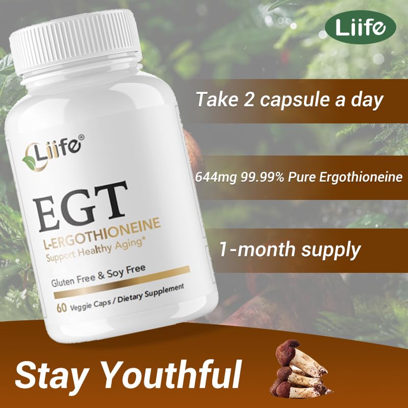 LIIFE L-Ergothioneine Supplement (EGT) 30mg,Compound Antioxidant Supplement (May Support Longevity and Healthy Aging) Promotes Skin Health，60 Capsules，Non-GMO, Gluten Free, Vegan Safe LIIFE Au supplements
