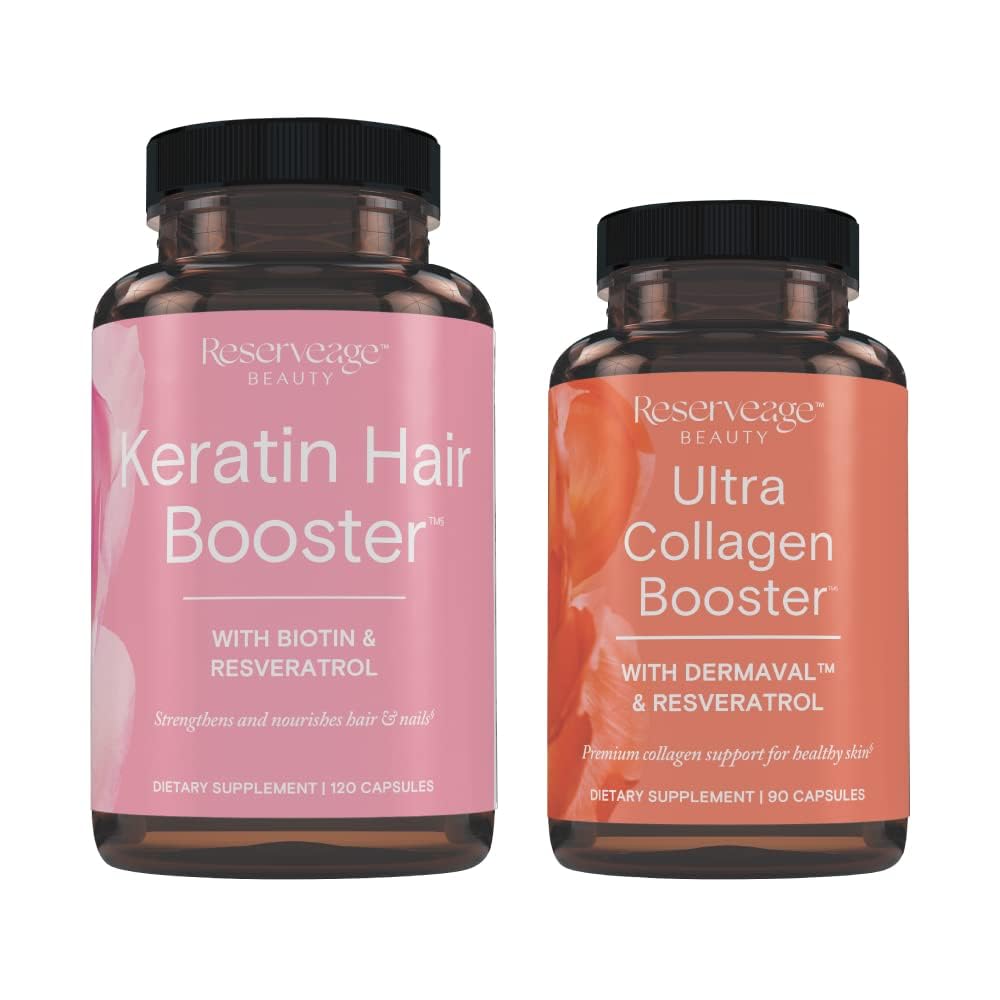Reserveage Ultra Collagen Booster & Keratin Hair Booster - Features Dermaval, Biotin & Resveratrol - Support Hair & Skin - 90 Ultra Collagen Booster Capsules, 120 Keratin Hair Booster Capsules Reserveage Nutrition Au supplements