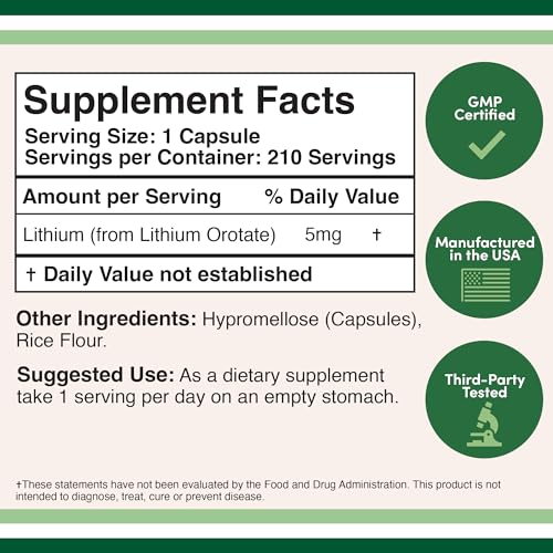 Lithium Orotate 5mg, 210 Capsules (Third Party Tested, Made in The USA Double Wood Supplements Au supplements