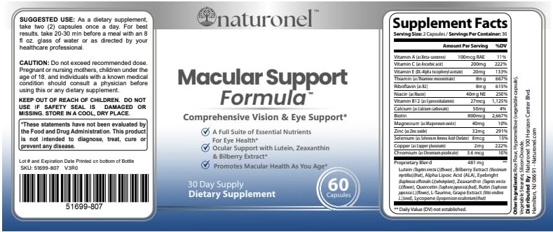 Naturonel Macular Support Formula – Vision & Eye Health with Lutein, Zeaxanthin, Bilberry, Eyebright & Antioxidants | Non-GMO, Made in USA, GMP Certified – 60 Capsules, 30 Day Supply (1) Naturonel Au supplements