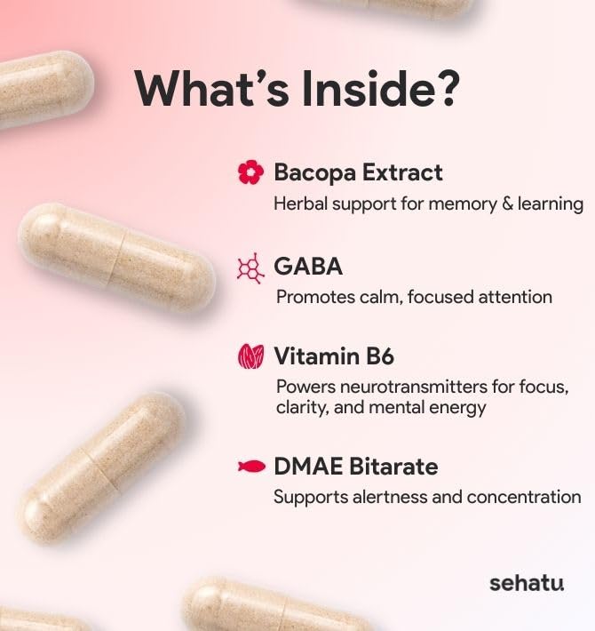 SEHATU Focus Plus Cognitive Performance Enhancer | with N-Acetyl L-Tyrosine, DMAE Bitartrate, GABA, Glutamic Acid | Boosts Focus, Enhances Memory, Supports Brain Health | 60 Count | 30 Day Supply SEHATU Au supplements