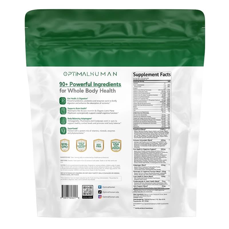 Optimal Human Superfood Greens Powder – 90+ Ingredient Blend with Lion’s Mane Supplement, Ashwagandha & Turmeric – Non-GMO, Soy-Free, Mushroom Supplements for Women – 20 Sachets O H Au supplements