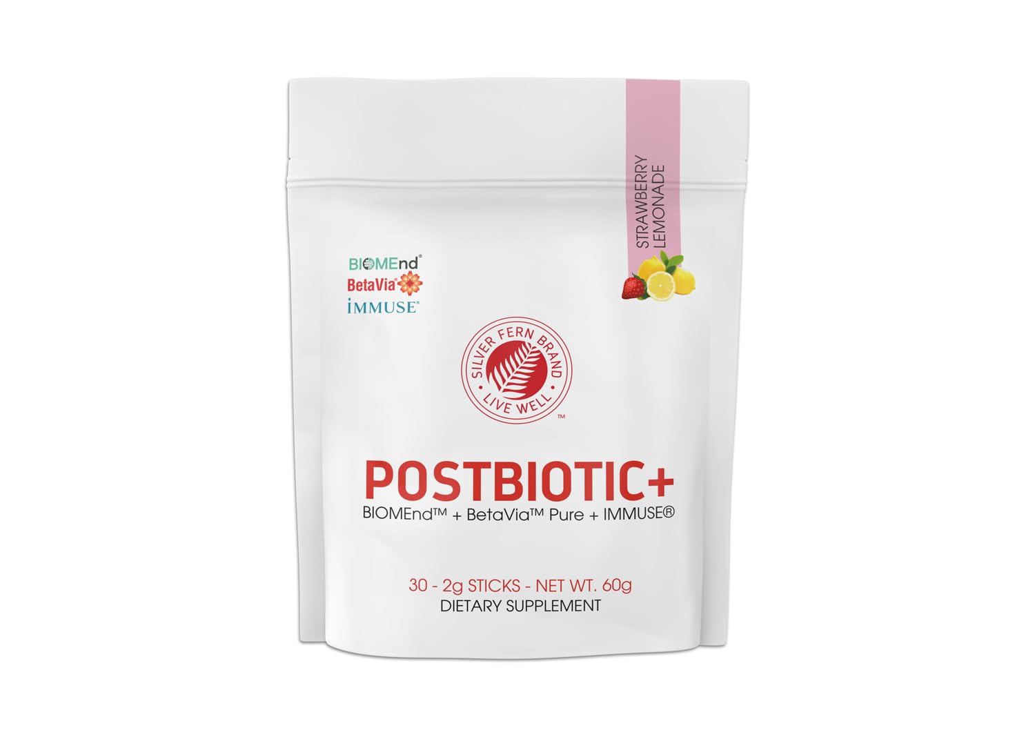 Silver Fern Brand Postbiotic+ Strawberry Lemonade Powder – Postbiotic Supplement with BIOMend™, BetaVia™, and Immuse® – Supports The Digestive System & Overall Wellness – 30 Stick Packs Silver Fern Au supplements