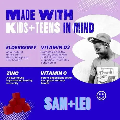 SAM+LEO Immunity Gummies with Elderberry, Echinacea, Zinc & Vitamin C for Kids & Teens – Immune Support Supplement Gummies | SAM+LEOUS supplements