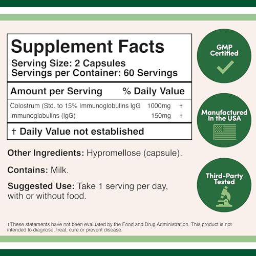 Colostrum Supplement 120 Capsules, 1,000mg per Serving (Bovine Colostrum Powder Double Wood Supplements Au supplements