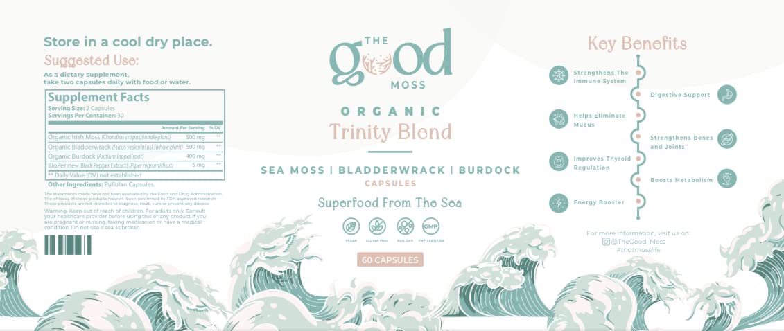 Trinity Blend Superfood -Sea Moss, Bladderwrack and Burdock Root Supplement for Overall Health Support, Hair, Skin and Nails 60ct The Good Moss Au supplements