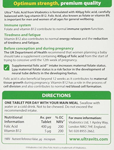 Vitabiotics Ultra Folic Acid Tablets 400 mcg Vitamin B9 with Vitamin B12-60 Tablets Vitabiotics Ultra Au supplements