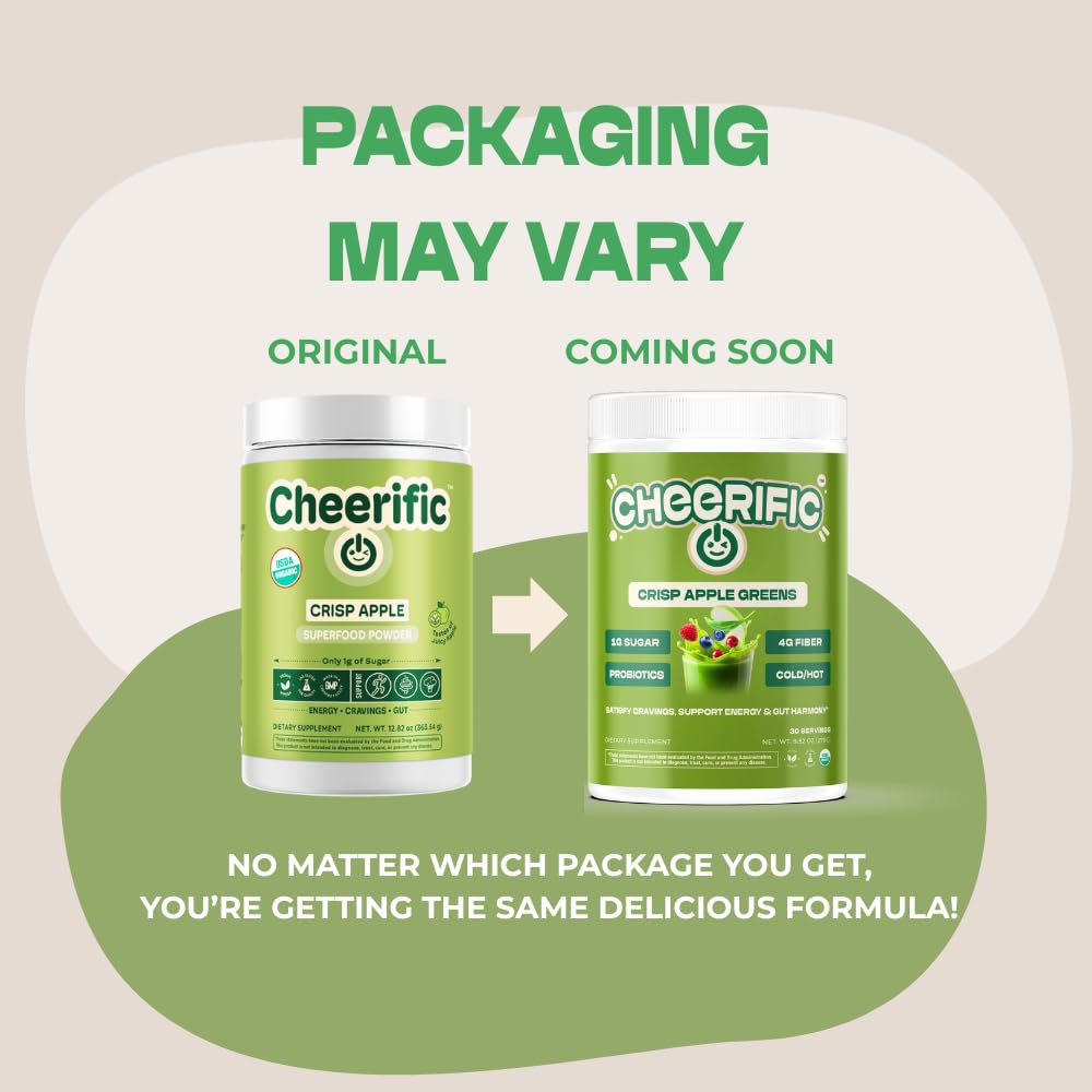 Cheerific Crisp Apple Greens Superfood Powder - 20+ Organic Superfoods + Prebiotic & Probiotics + More - Keto Friendly - Supports Positive Mood, Gut Health - Vegan, Gluten Free, Non-GMO - 30 Day Cheerific Au supplements