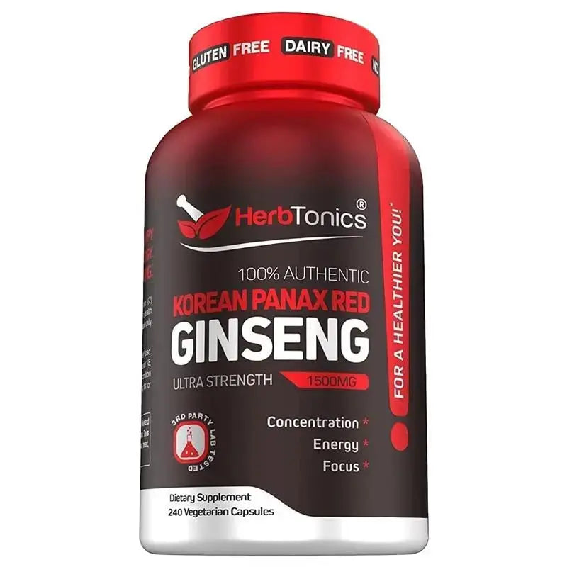 Herbtonics Korean Red Panax Ginseng 1500mg - Energy Supplement for Peak Performance, Focus & Vitality - High Potency Ginseng Root Extract - 240 Vegan Capsules Herbtonics uk supplements