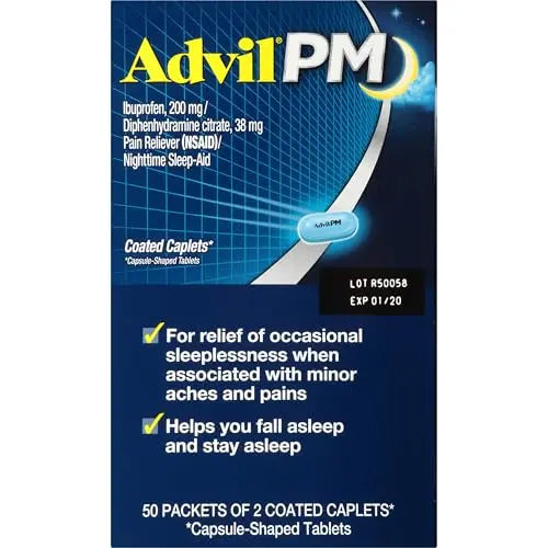 Advil PM Pain Reliever and Nighttime Sleep Aid, Pain Medicine with Ibuprofen for Pain Relief and Diphenhydramine Citrate for a Sleep Aid - 50x2 Coated Caplets Advil Au supplements