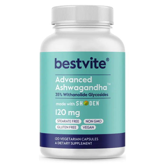 BESTVITE Advanced Ashwagandha 120mg w/Shoden (120 Vegetarian Capsules) - Clinically Studied Containing Industry Leading 35% Withanolide Glycosides - No Stearates - Vegan - Non GMO - Gluten Free BESTVITEAU supplements