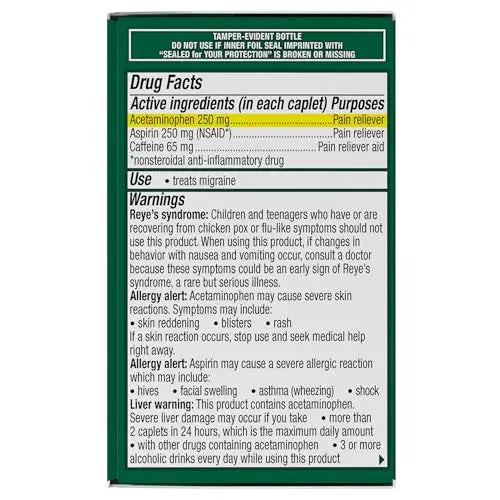 Excedrin Migraine Relief Caplets for Migraine Symptoms, Acetaminophen 250mg, Aspirin 250mg, Caffeine 65mg, Pain Reliever, 24 Count Excedrin Au supplements