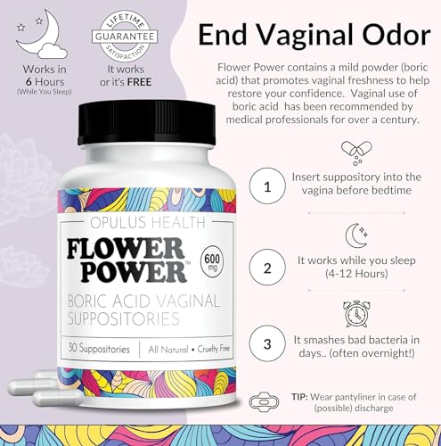 Flower Power Vegan Boric Acid Suppositories - 30 Capsules - 600mg for Vaginal Odor and pH Balance Flower Power Au supplements
