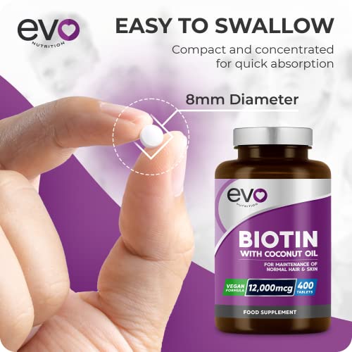 Biotin Hair Growth Supplement 12,000mcg with Coconut Oil | 400 High Strength Tablets EVO NUTRITION Au supplements