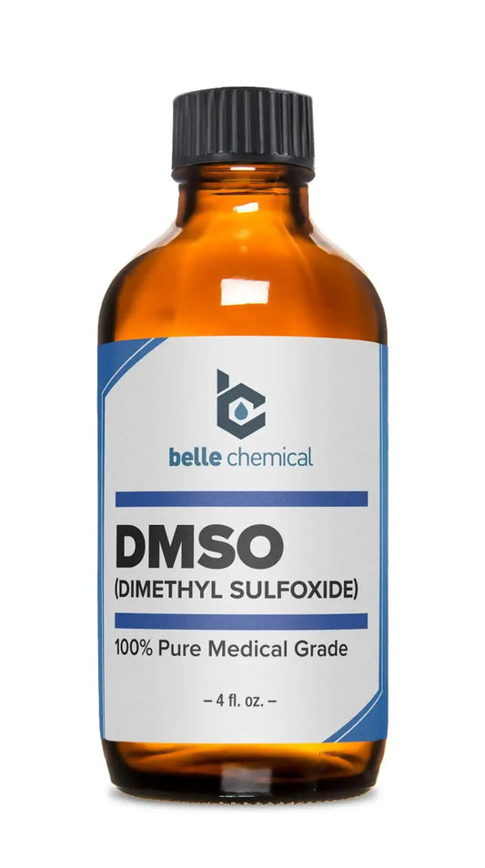 Bottle of DMSO (Dimethyl Sulfoxide) with a label on a white background