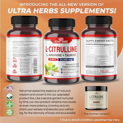 L-Citrulline 14,100 mg 11 in 1 with L-Arginine + Taurine, Ashwagandha, Creatine, Tongkat Ali ULTRA HERBSUS supplements