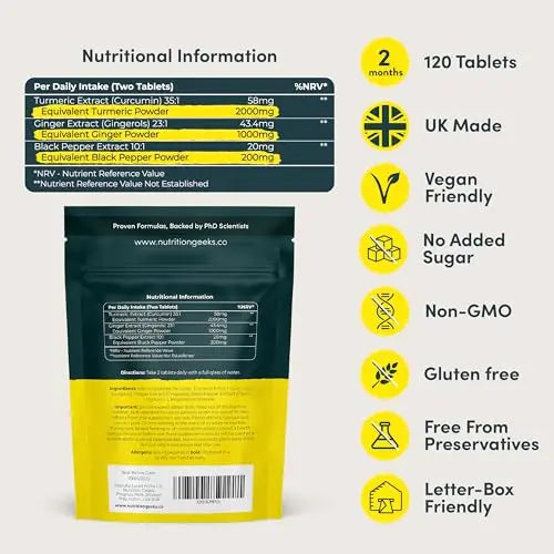Nutrition Geeks Turmeric Tablets 2000 mg with Black Pepper & Ginger, High Strength Nutrition Geeks Au supplements