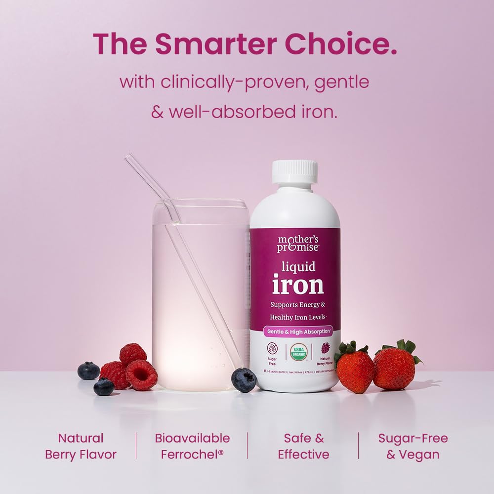 Organic Liquid Iron Supplement for Women, Men & Kids with Vitamin C | Sugar Free Natural Berry Flavor Non Constipating Vegan Ferrochel Mother's PromiseUS supplements