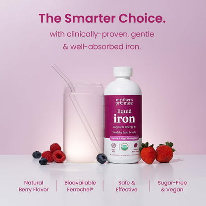 Organic Liquid Iron Supplement for Women, Men & Kids with Vitamin C | Sugar Free Natural Berry Flavor Non Constipating Vegan Ferrochel Mother's PromiseUS supplements