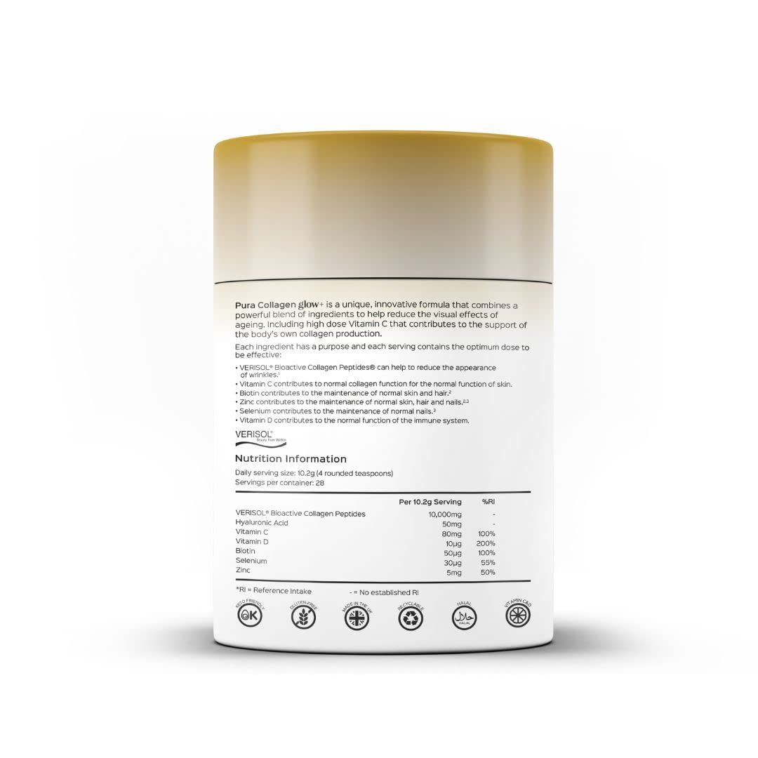 Pura Collagen Powdered Supplement Glow+, 10,000mg Hydrolysed Peptides, Hyaluronic Acid, Vitamins & Minerals, 28 Servings, 284 g Pura Collagen Au supplements