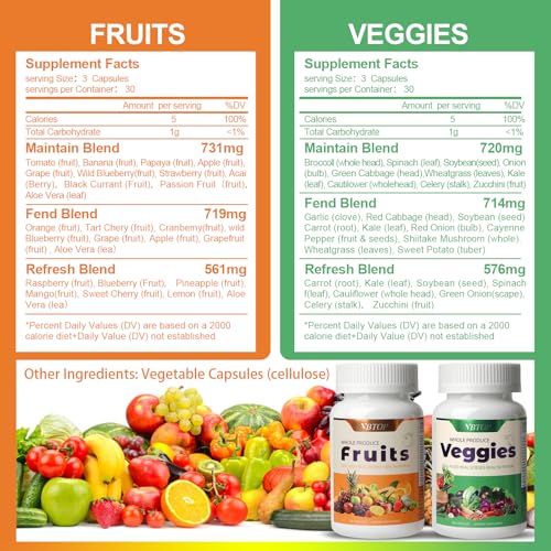 VBTOP Fruit & Vegetable Supplement - Natural Ingredients - 2 Bottles - 180 Capsules Total | A Blend of 20+19 Natural Whole Fruits & Vegetables, a Fresh superfood Formula Rich in Vitamins and Minerals VBTOP Au supplements