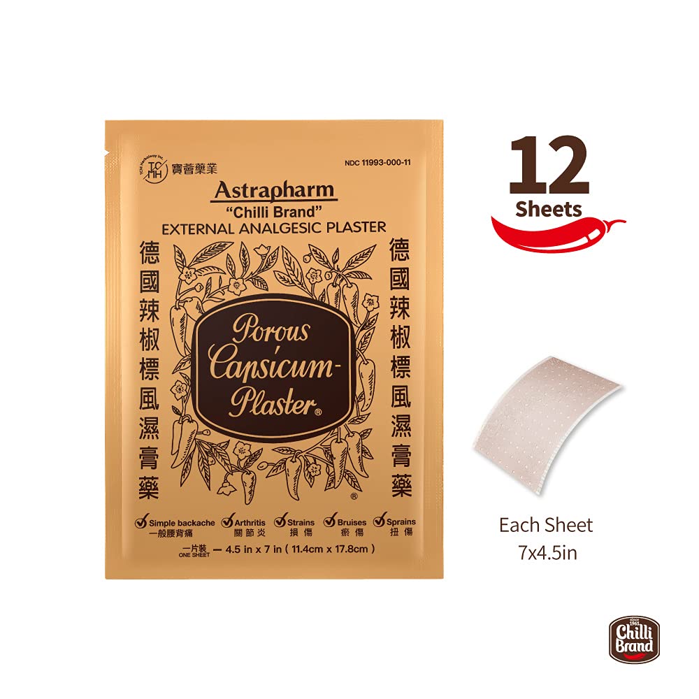 Chilli Brand Large Size Plaster Porous Capsicum Heat Patch for Arthritis & Back Muscle Knee Gout Neck Pain - Extra Strength Pain Relief Plaster, 7" x 4.5" (Size: L, 12 Sheets) POROUS-CAPSICUM-PLASTER Au supplements