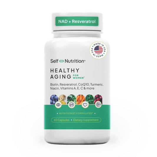 SELF NUTRITION NAD+ Resveratrol Supplement for Women – Healthy Aging Formula with CoQ10, Biotin, Turmeric & Vitamins A, C, E – Supports Energy, Skin & Longevity – 60 Capsules. Made in USA. SELF NUTRITIONAU supplements