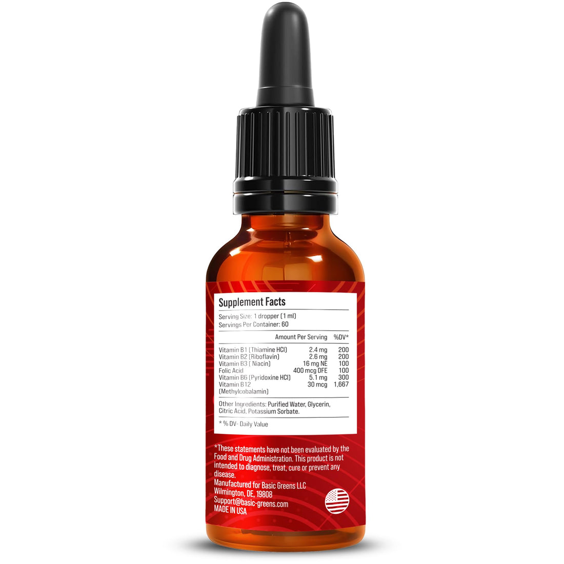 BASIC GREENS Vitamin B Complex Liquid Drops - Strength Sublingual Formula, Maximizes Absorption & Boosts Energy - B1, B2, B3, B5, B6, B7, B9, B12 - Natural Vegan Supplement BASIC GREENS uk supplements