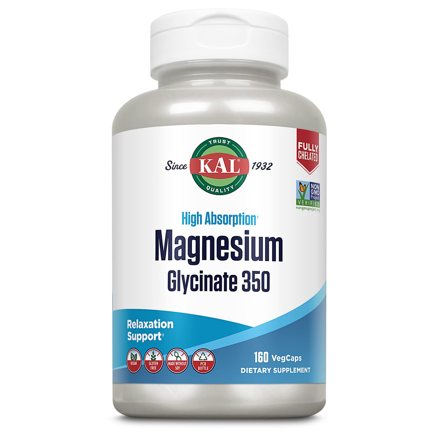 KAL Magnesium Glycinate Capsules, Fully Chelated Magnesium Bisglycinate, High Absorption Magnesium Supplement, Healthy Bones, Muscle, Relaxation and Stress Support, Non-GMO 160 count KAL Au supplements