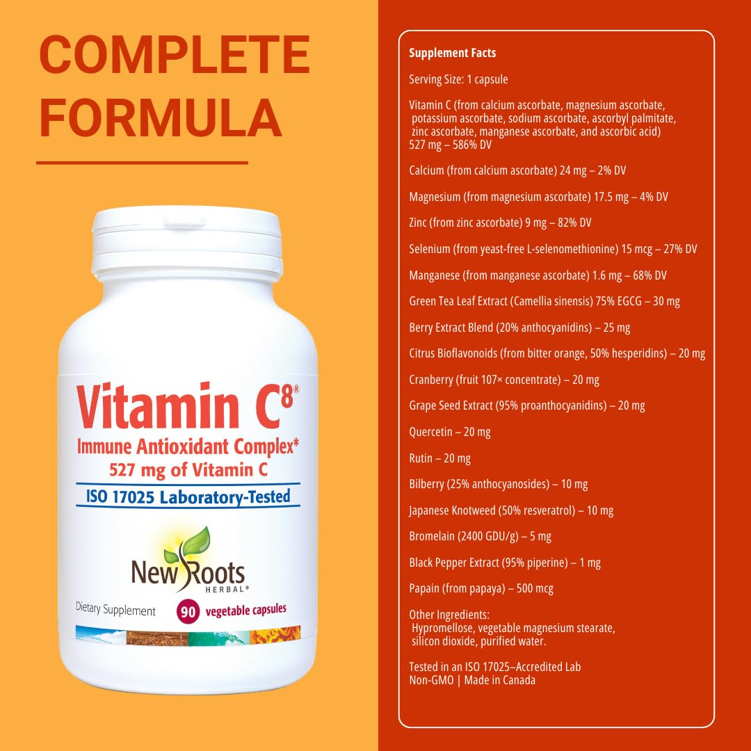 Vitamin C8 + Zinc Supplement for Higest Absorption (90 Capsules) | 527mg per Portion | 8 Buffered Sources of Vitamin C with Bioflavonoids, Green Tea & Quercetin for Stronger Defense | 3 months Supply NEW ROOTS HERBAL Au supplements