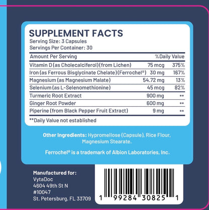 VytaDoc SootheFlex Joint, Energy & Mood Support for Women | Turmeric 900mg, Ferrochel® Iron, Magnesium Malate, Vitamin D3, Ginger, Selenium | 90 Capsules | Gentle Iron — Easy on Digestion VytaDocAu supplements