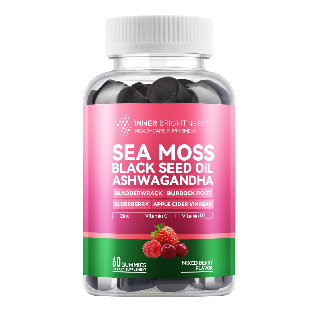 Inner Brightness Sea Moss 4000mg Gummies with Ashwagandha, Elderberry, Apple Cider Vinegar, Bladderwrack, Burdock Root – Immune Support – Mixed Berry Flavor – 60 Count Inner Brightness Au supplements