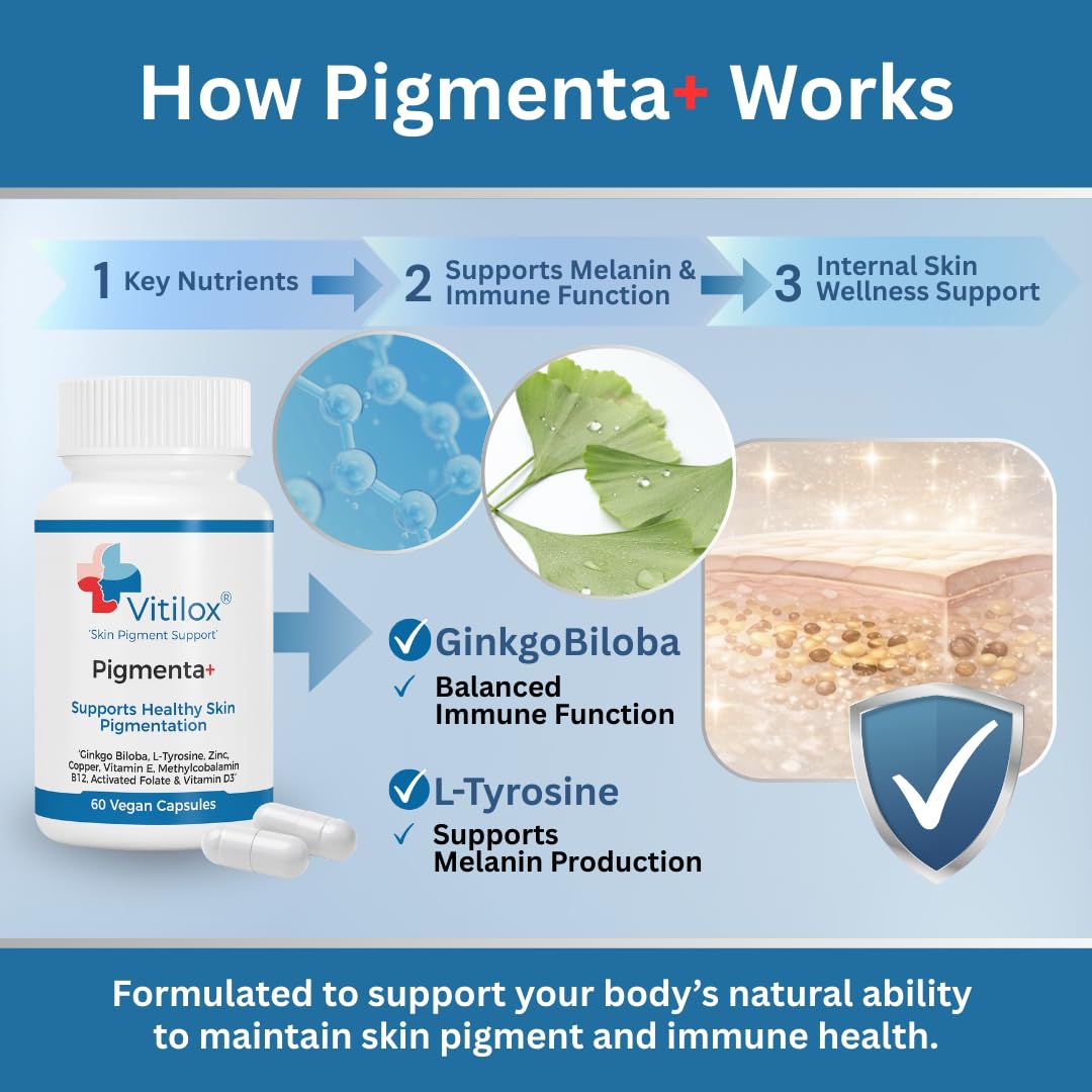 Vitilox Pigmenta+ Advanced, Skin Tone Support Supplement – 60 Tablets | 2 Months | Natural Vitiligo Skin Pigmentation Support | Reduce White Body Spots Vitilox Au supplements
