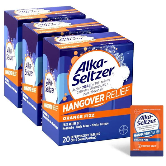 Alka-Seltzer Hangover Relief Tablets, Fast Relief Starts In About 15 Minutes for Headaches, Body Aches & Mental Fatigue, Bachelorette & Bachelor Party Packs 60 Count (3 Boxes, 20 Tablets Each) Alka-SeltzerAu supplements