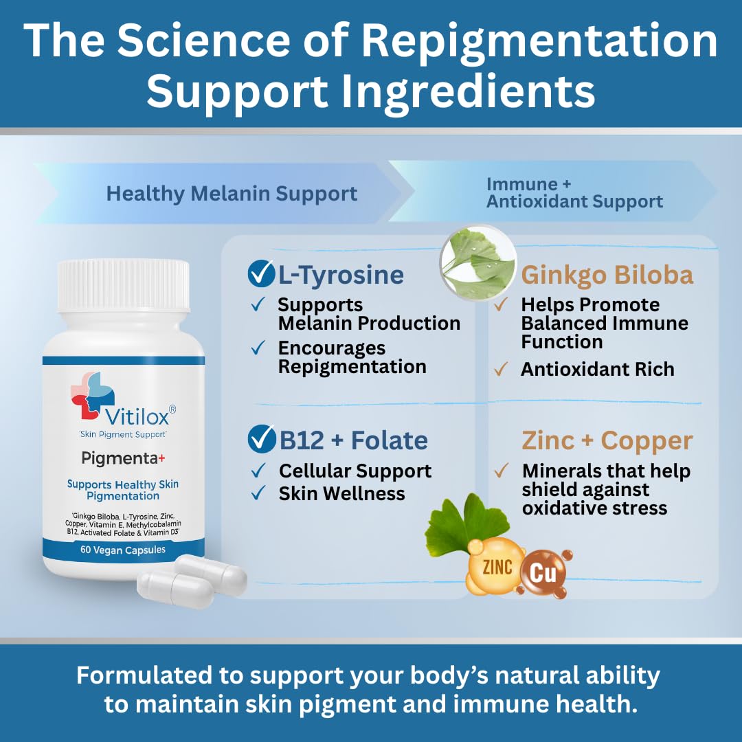Vitilox Pigmenta+ Advanced, Skin Tone Support Supplement – 60 Tablets | 2 Months | Natural Vitiligo Skin Pigmentation Support | Reduce White Body Spots Vitilox Au supplements