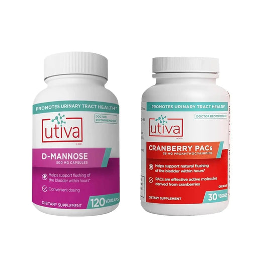 20% Bundle Utiva Cranberry PACs 30 Vegi Capsules Cranberry Supplement for Urinary Tract Health for Women and Men + Utiva D-Mannose 500mg 120 Capsules Naturally Flush The Bladder and Urinary Tract Szio+AU supplements
