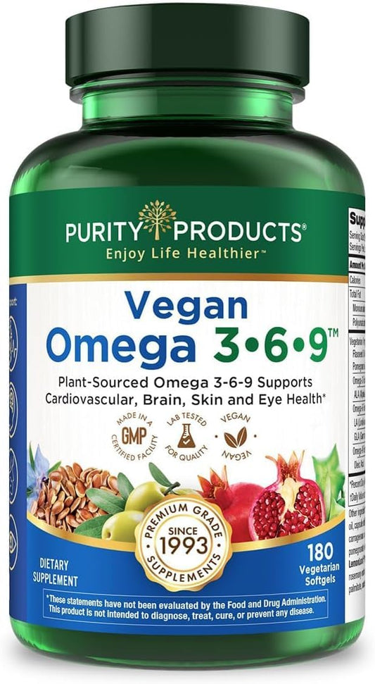 Purity Products Vegan Omega 3 6 9 Formula - “5 in 1” Essential Fatty Acid Complex - Scientifically Formulated Plant-Based Vegan Omega 3-6-9 Essential Fatty Acids Purity ProductsUS supplements