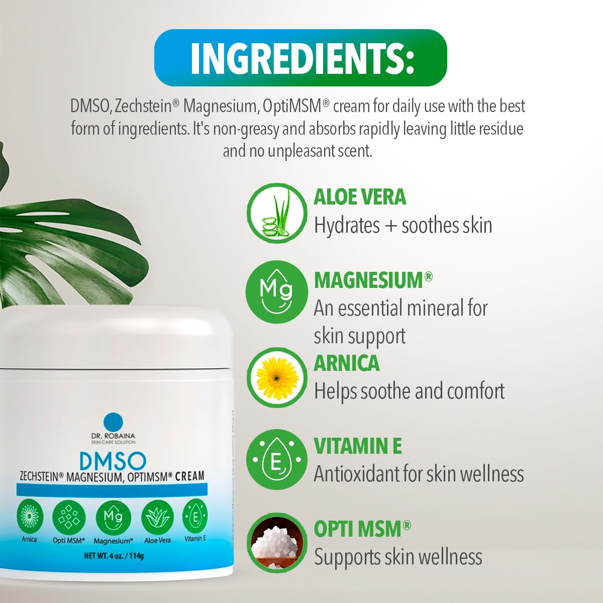 Dr. Robaina DMSO Cream - 99.9% Pure DMSO Pharmaceutical Grade | Formula with Zechstein Magnesium, Arnica, Aloe Vera, Vitamin E - 4 oz Dr. Robaina Au supplements
